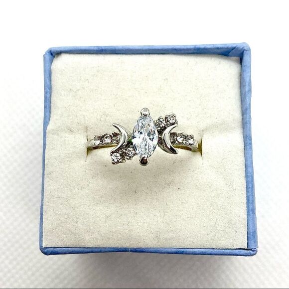 Silver Crescent Moon Crystal Ring - Picture 2 of 16